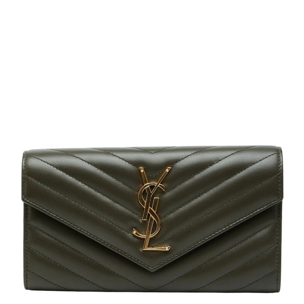 Saint Laurent Cassandra V stitch Long Wallet Khaki Green Leather